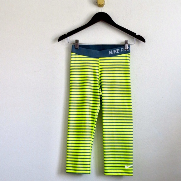NEW! NIKE PRO Cropped Capri Leggings Striped Neon Yellow Gray Womens SZ S - Picture 1 of 5